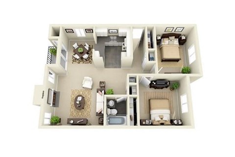 Floor plan for 2 beds, 1 bath, 870 sqft
